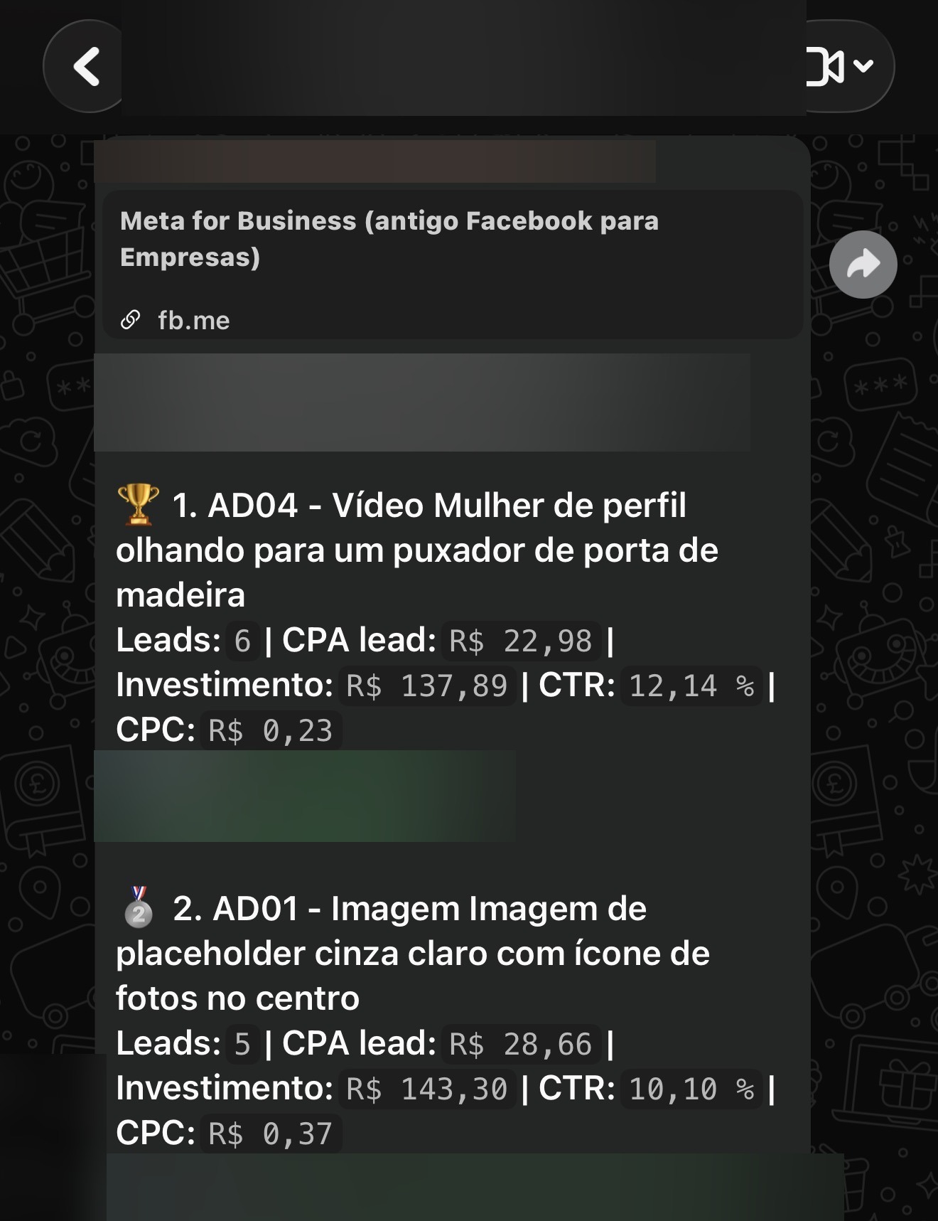 Print de WhatsApp com ranking de criativos dos últimos 7 dias: o primeiro trouxe 6 leads a R$ 22,98 cada.