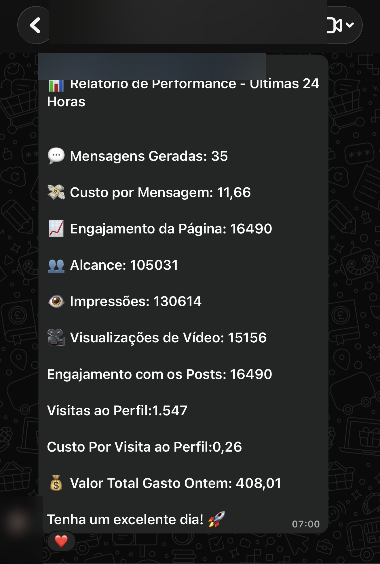 Print de WhatsApp com relatório diário: 35 mensagens geradas a R$ 11,66, alcance de 105.031 pessoas e R$ 408,01 gastos.